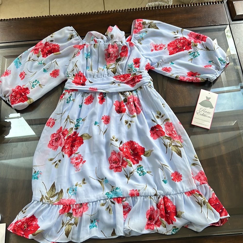 Rare Editions Girls Floral Bubble Sleeve Dress - Picture 7 of 15
